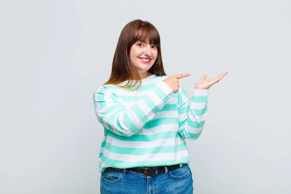 Overweight Woman Smiling Feeling Happy Carefree Satisfied Pointing Concept Idea — Stock Photo, Image