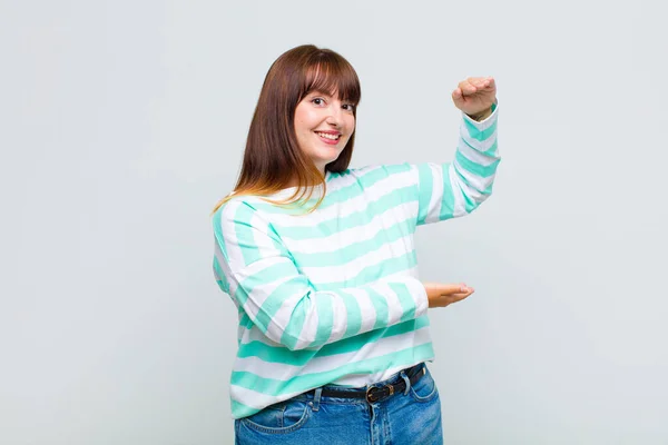 Overweight Woman Smiling Feeling Happy Positive Satisfied Holding Showing Object — Stock Photo, Image