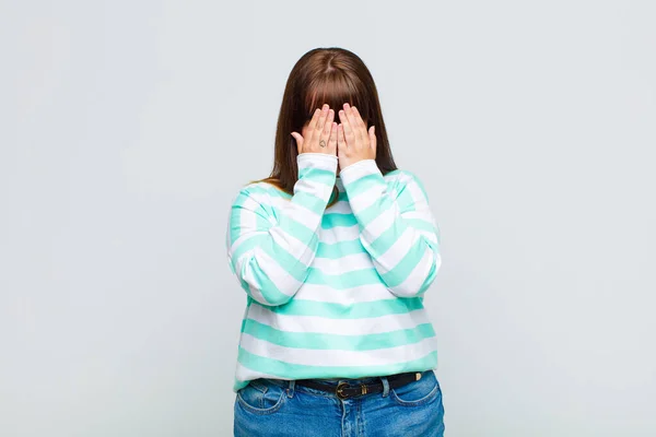 Overweight Woman Feeling Sad Frustrated Nervous Depressed Covering Face Both — Stock Photo, Image