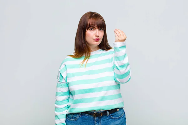 Overweight Woman Making Capice Money Gesture Telling You Pay Your — Stock Photo, Image
