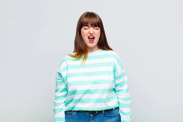 Overweight Woman Shouting Aggressively Looking Very Angry Frustrated Outraged Annoyed — Stock Photo, Image