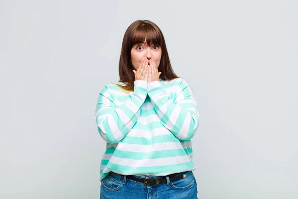 Overweight Woman Happy Excited Surprised Amazed Covering Mouth Hands Giggling — Stock Photo, Image