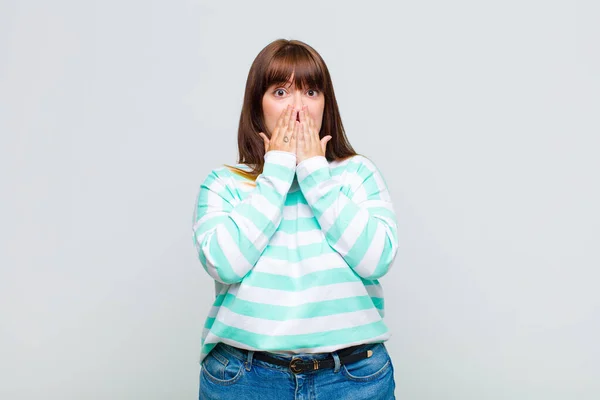 Overweight Woman Feeling Worried Upset Scared Covering Mouth Hands Looking — Stock Photo, Image