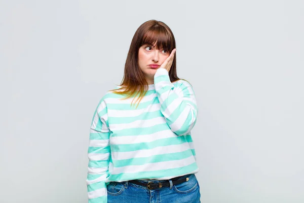 Vrouw Met Overgewicht Zich Verveeld Gefrustreerd Slaperig Voelen Een Vermoeiende — Stockfoto