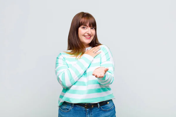 Overweight Woman Feeling Happy Love Smiling One Hand Next Heart — Stock Photo, Image