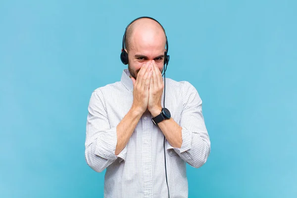 Bald Man Looking Happy Cheerful Lucky Surprised Covering Mouth Both — Stock Photo, Image