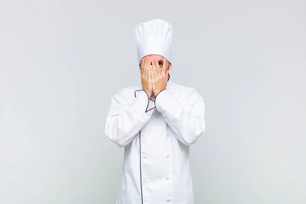 Bald Man Covering Face Hands Peeking Fingers Surprised Expression Looking — Stock Photo, Image