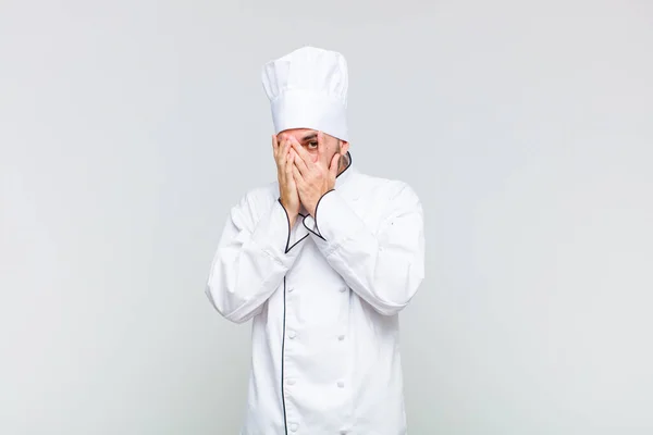 Bald Man Feeling Scared Embarrassed Peeking Spying Eyes Half Covered — Stock Photo, Image