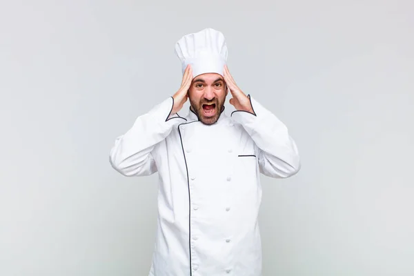 Bald Man Raising Hands Head Open Mouthed Feeling Extremely Lucky — Stock Photo, Image