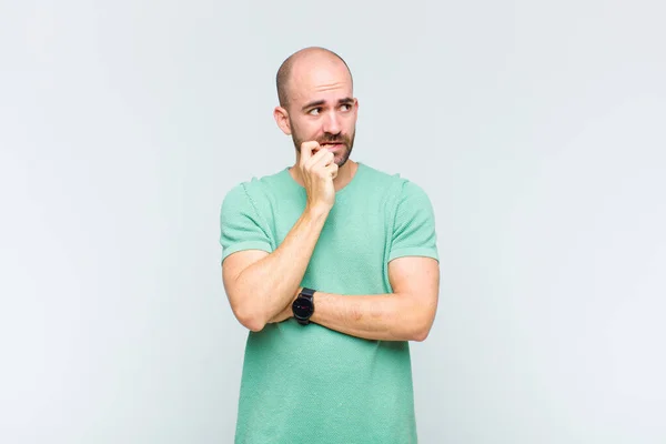 Bald Man Surprised Nervous Worried Frightened Look Looking Side Copy — Stock Photo, Image