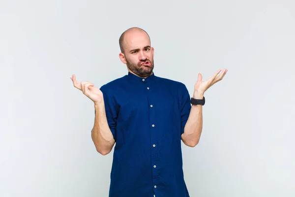 Bald Man Shrugging Dumb Crazy Confused Puzzled Expression Feeling Annoyed — Foto Stock