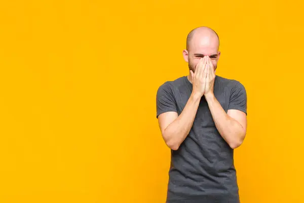 Bald Man Looking Happy Cheerful Lucky Surprised Covering Mouth Both — Stock Photo, Image