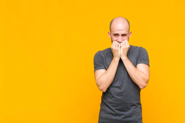 Bald Man Looking Worried Anxious Stressed Afraid Biting Fingernails Looking — Stock Photo, Image