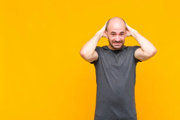 Bald Man Feeling Stressed Worried Anxious Scared Hands Head Panicking — Stock Photo, Image