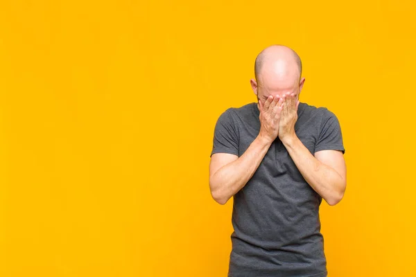 Bald Man Feeling Sad Frustrated Nervous Depressed Covering Face Both — Stock Photo, Image