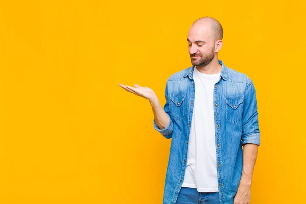 Bald Man Feeling Happy Smiling Casually Looking Object Concept Held — Stock Photo, Image