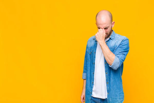 Bald Man Feeling Stressed Unhappy Frustrated Touching Forehead Suffering Migraine — Stock Photo, Image