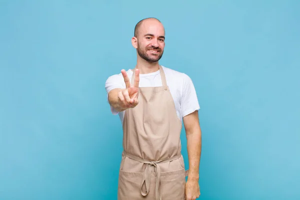 Bald Man Smiling Looking Happy Carefree Positive Gesturing Victory Peace — Stock Photo, Image
