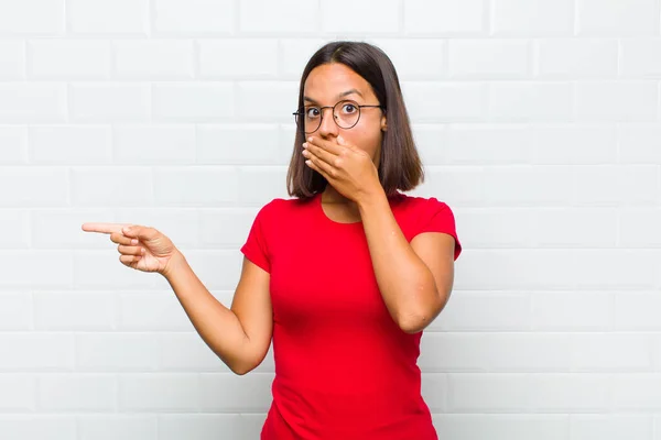 Latin Woman Feeling Happy Shocked Surprised Covering Mouth Hand Pointing — Stock Photo, Image