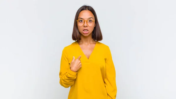 Latin Woman Looking Shocked Surprised Mouth Wide Open Pointing Self — Stock Photo, Image