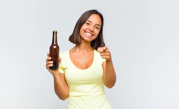 Young Hispanic Woman Pointing Camera Satisfied Confident Friendly Smile Choosing — Stock Photo, Image