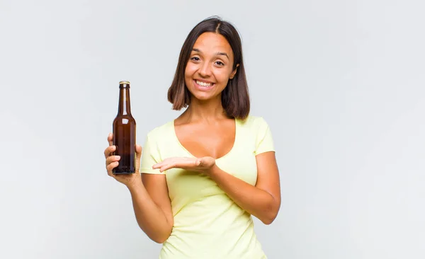 Young Hispanic Woman Smiling Cheerfully Feeling Happy Showing Concept Copy — Stock Photo, Image