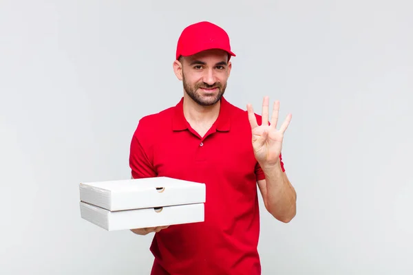 Young Bald Man Smiling Looking Friendly Showing Number Four Fourth — Stock Photo, Image