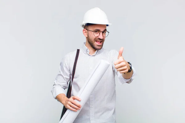 Young Bald Man Feeling Proud Carefree Confident Happy Smiling Positively — Stock Photo, Image