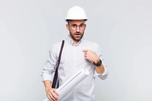 Young Bald Man Feeling Happy Surprised Proud Pointing Self Excited — Stock Photo, Image