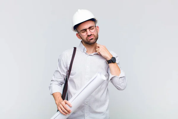 Young Bald Man Feeling Stressed Anxious Tired Frustrated Pulling Shirt — Stock Photo, Image