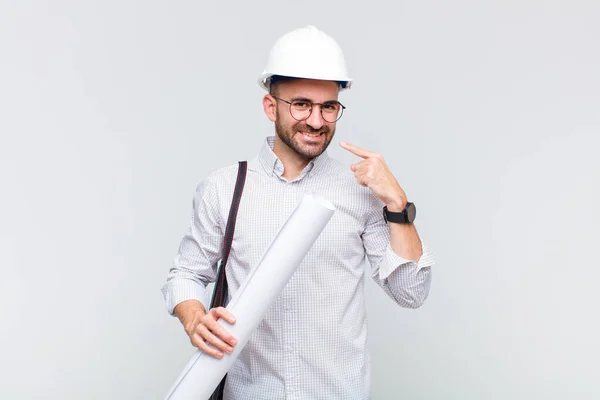 Young Bald Man Smiling Confidently Pointing Own Broad Smile Positive — Stock Photo, Image