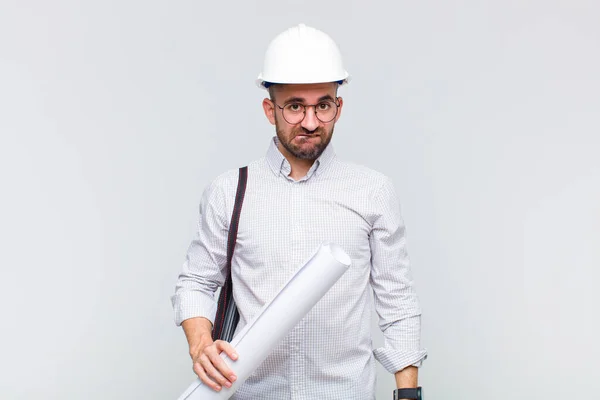 Young Bald Man Looking Puzzled Confused Biting Lip Nervous Gesture — Stock Photo, Image