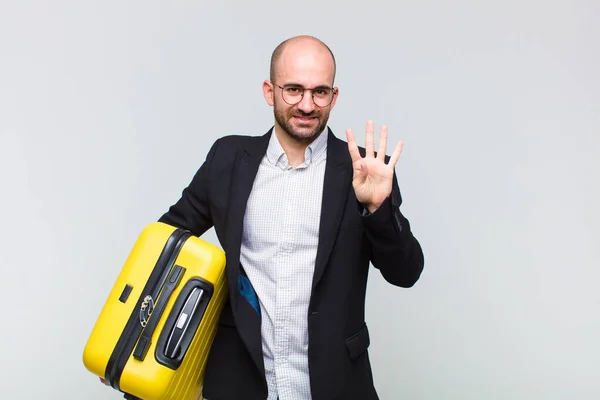 Young Bald Man Smiling Looking Friendly Showing Number Four Fourth — Stock Photo, Image