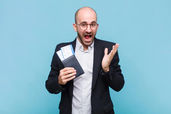 Young Bald Man Feeling Happy Excited Surprised Shocked Smiling Astonished — Stock Photo, Image