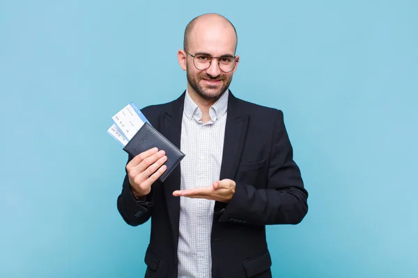 Young Bald Man Smiling Cheerfully Feeling Happy Showing Concept Copy — Stock Photo, Image