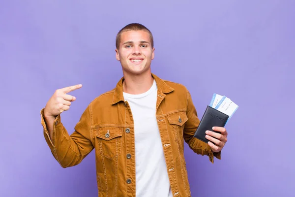 Young Blonde Man Smiling Confidently Pointing Own Broad Smile Positive — Stock Photo, Image