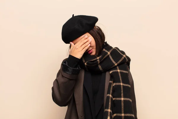 Hispanic Woman Looking Stressed Ashamed Upset Headache Covering Face Hand — Stock Photo, Image