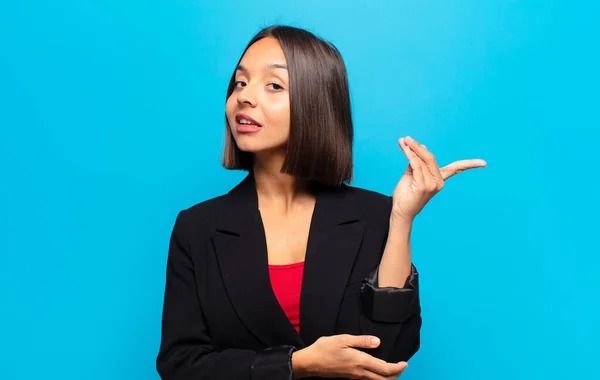 Hispanic Woman Smiling Proudly Confidently Feeling Happy Satisfied Showing Concept — Stock Photo, Image