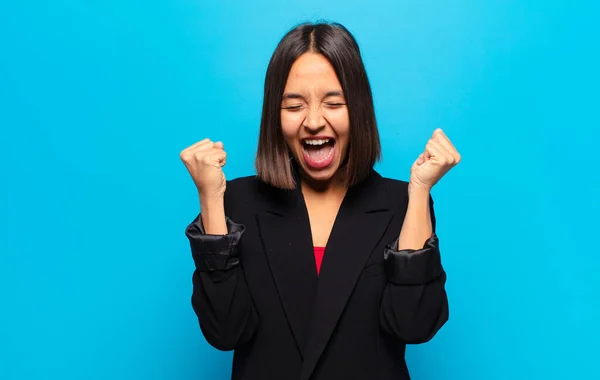 Hispanic Woman Looking Extremely Happy Surprised Celebrating Success Shouting Jumping — Stock Photo, Image