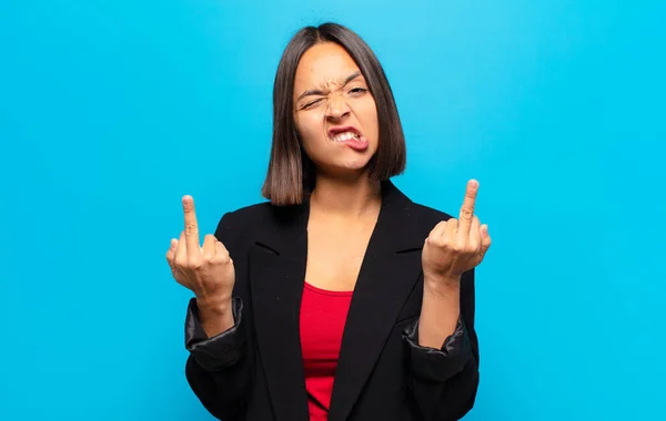 Hispanic Woman Feeling Provocative Aggressive Obscene Flipping Middle Finger Rebellious — Stock Photo, Image