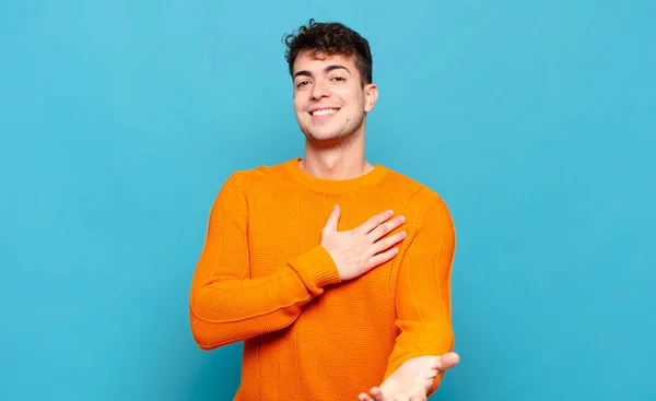 Young Man Feeling Happy Love Smiling One Hand Next Heart — Stock Photo, Image