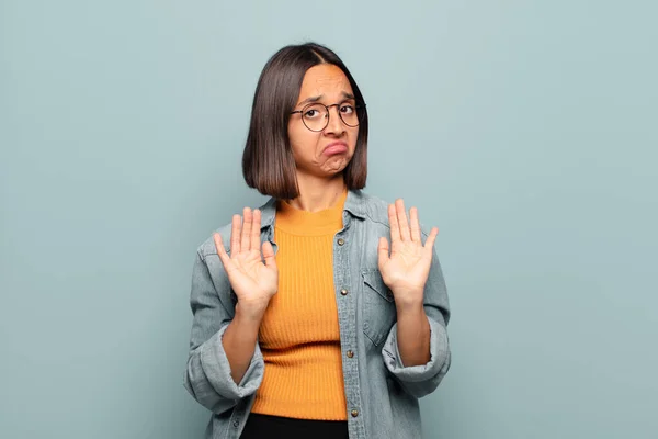 Young Hispanic Woman Looking Nervous Anxious Concerned Saying Fault Didnt — Stock Photo, Image