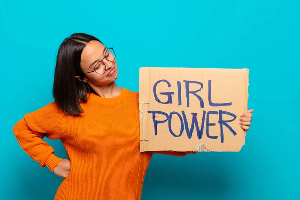 Young Latin Woman Holding Placard Text Girl Power — Stock Photo, Image
