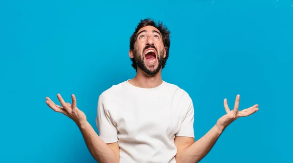 Young Bearded Crazy Man Copy Space Angry Expression — Stock Photo, Image