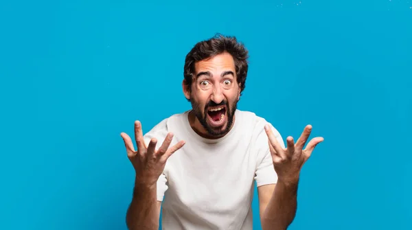 Young Bearded Crazy Man Copy Space Angry Expression — Stock Photo, Image