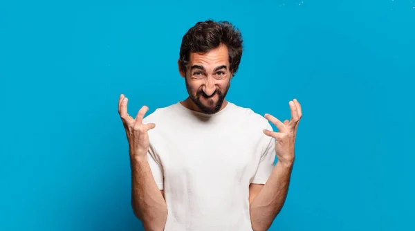 Young Bearded Crazy Man Copy Space Angry Expression — Stock Photo, Image