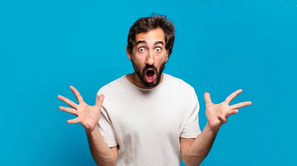 Young Bearded Crazy Man Copy Space Shocked Expression — Stock Photo, Image