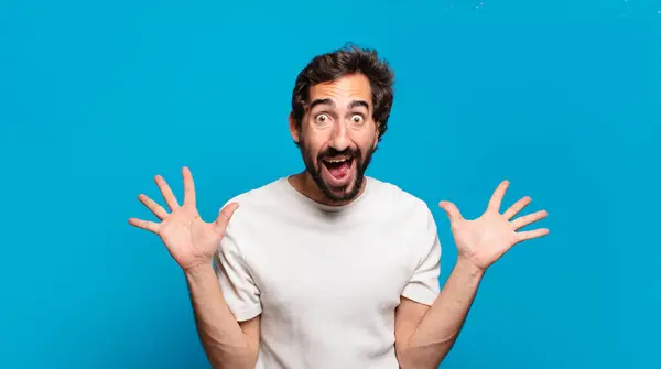 Young Bearded Crazy Man Copy Space Shocked Expression — Stock Photo, Image