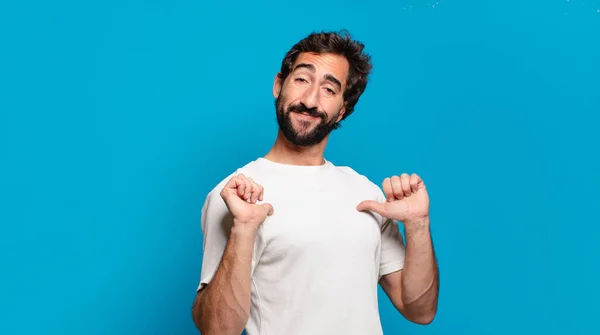 Young Bearded Crazy Man Copy Space Proud Expression — Stock Photo, Image