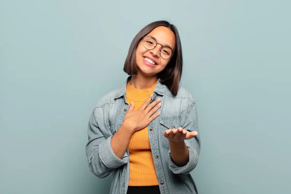 Young Hispanic Woman Feeling Happy Love Smiling One Hand Next — Stock Photo, Image